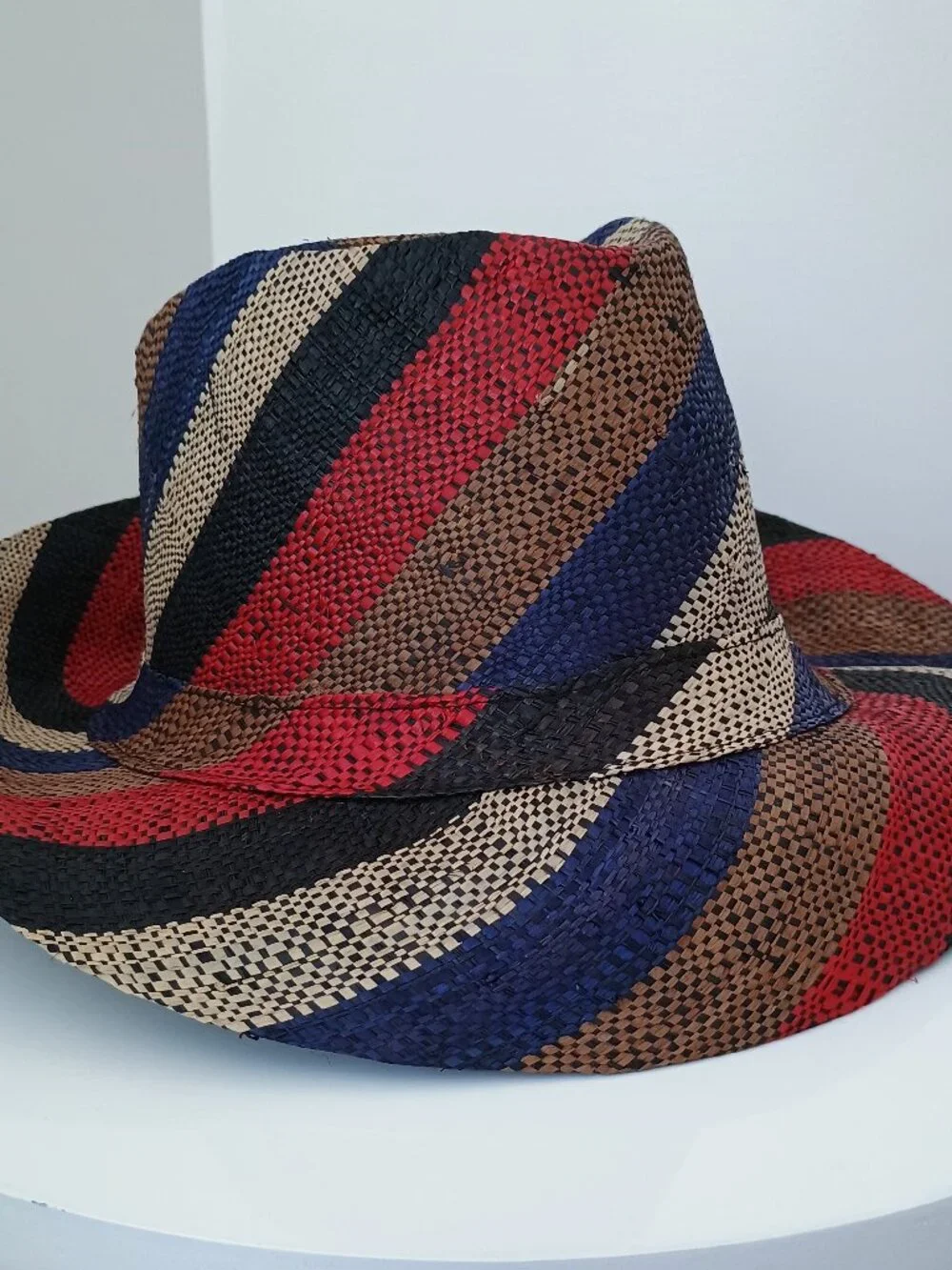 Lightweight raffia fedora hat made in Madagascar, red, blue